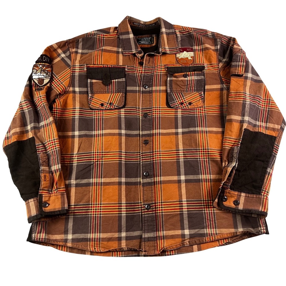 Parish Nation Mens 3XL Plaid Flannel Button Down Shirt Mountain‎ Patches Brown